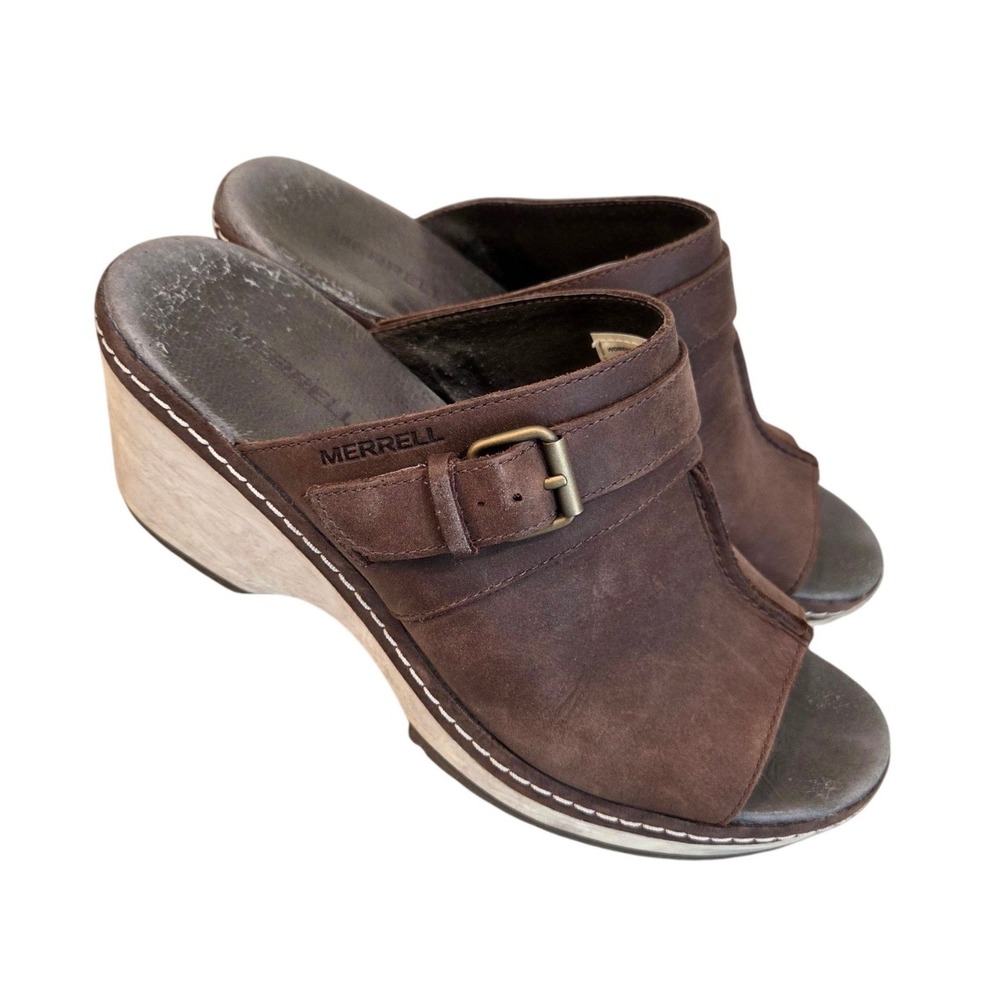 Merrell Women Halendi Slide Bracken Brown Leather Wedge 8.5 Mule Sandals